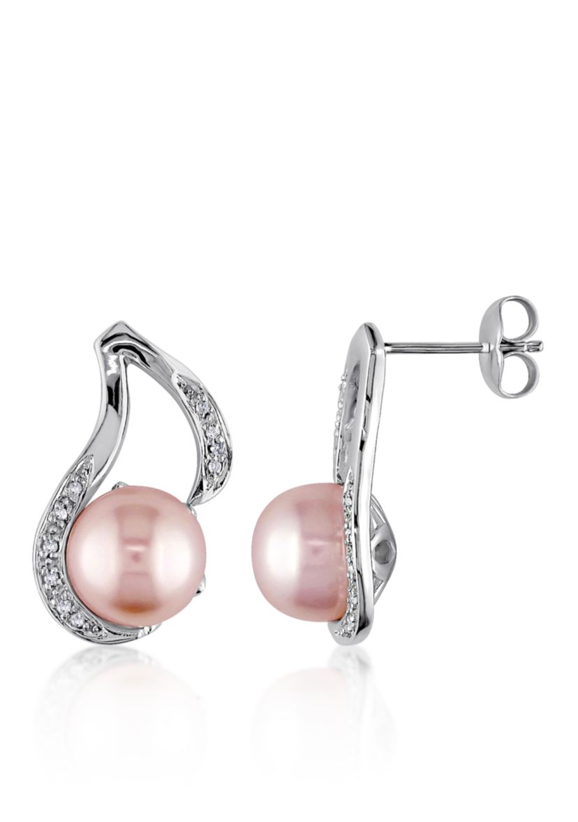 Sterling Silver Pink Cultured Freshwater Pearl and Diamond Earrings