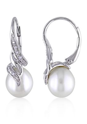 Belk & Co 9-9.5mm Freshwater Cultured Pearl & Diamond Accent Twist Leverback Earrings in Sterling Silver, White