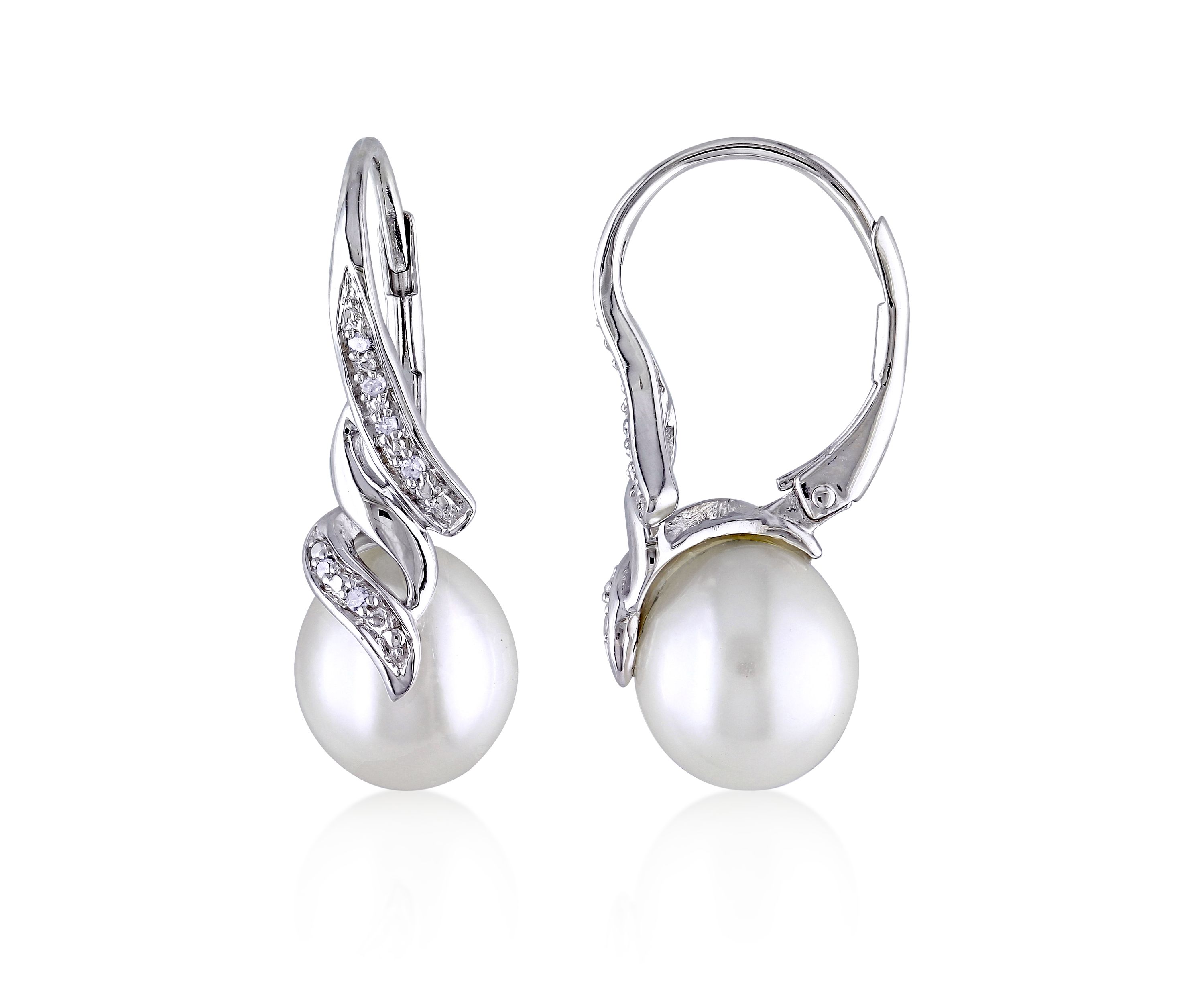 Sterling Silver White Cultured Freshwater Pearl and Diamond Earrings