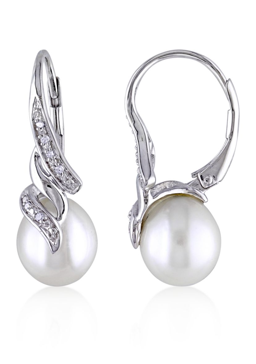 Sterling Silver White Cultured Freshwater Pearl and Diamond Earrings