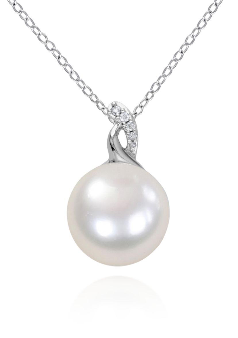 Sterling Silver White Cultured Freshwater Pearl and Diamond Pendant