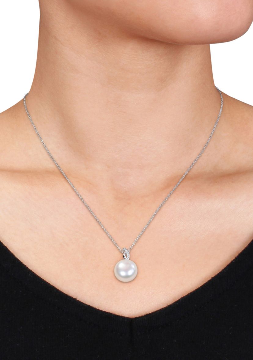 Sterling Silver White Cultured Freshwater Pearl and Diamond Pendant