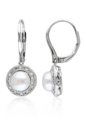 Belk & Co 7.5-8mm Freshwater Cultured Pearl & Diamond Leverback Earrings in Sterling Silver, White