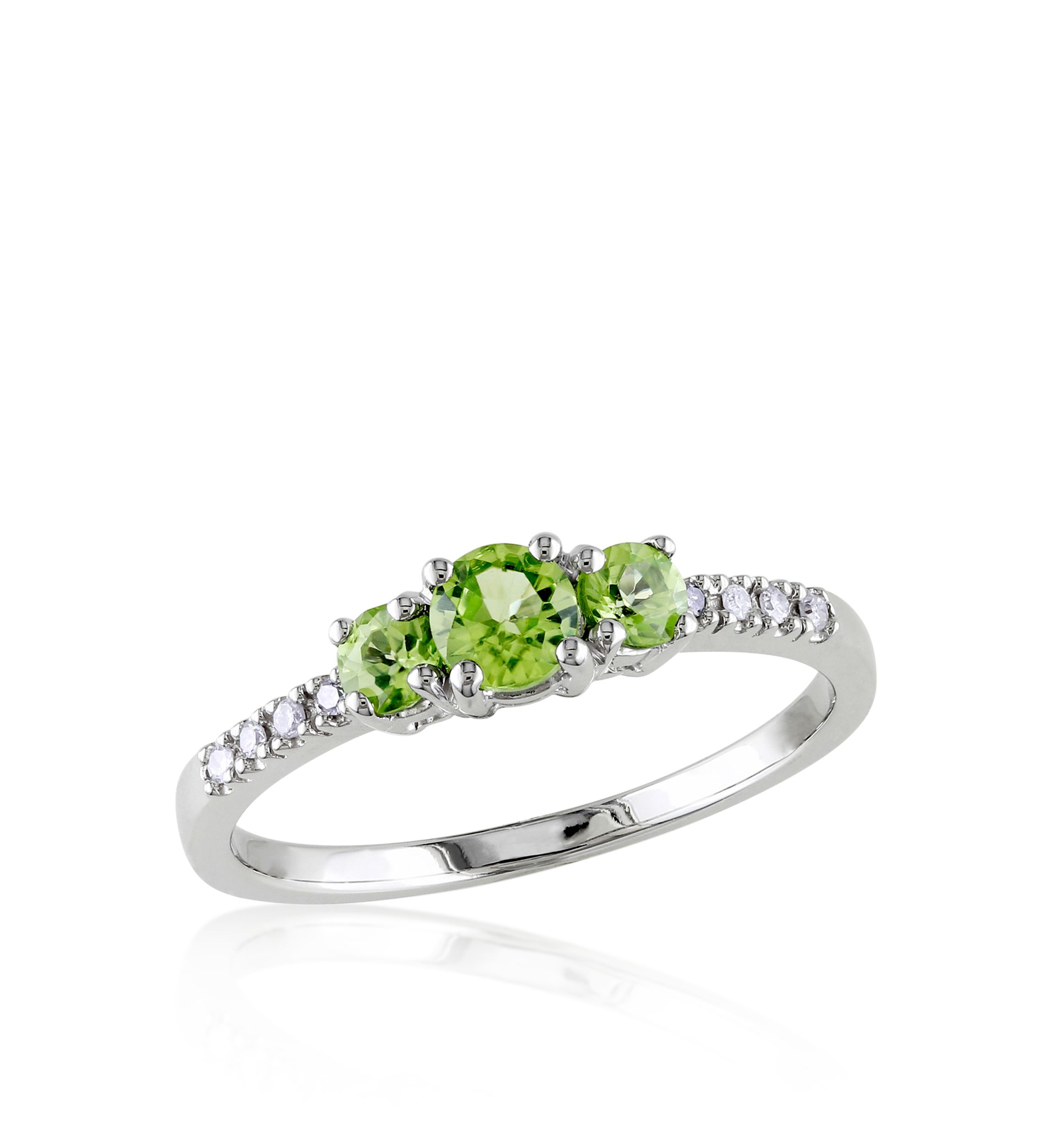10k White Gold 3 Stone Peridot and Diamond Ring