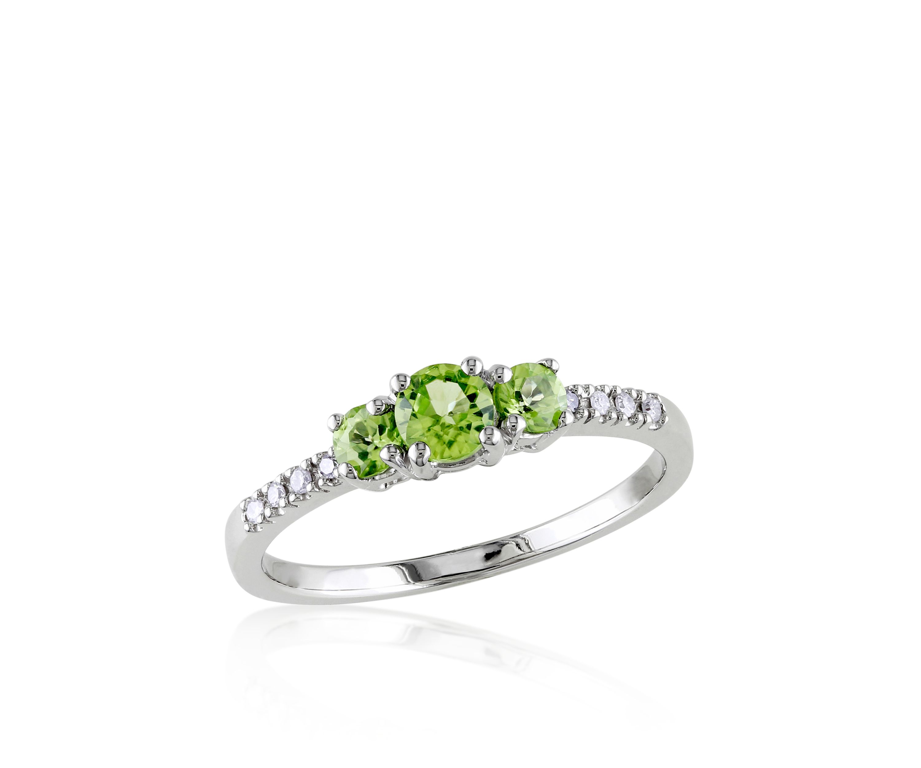 10k White Gold 3 Stone Peridot and Diamond Ring