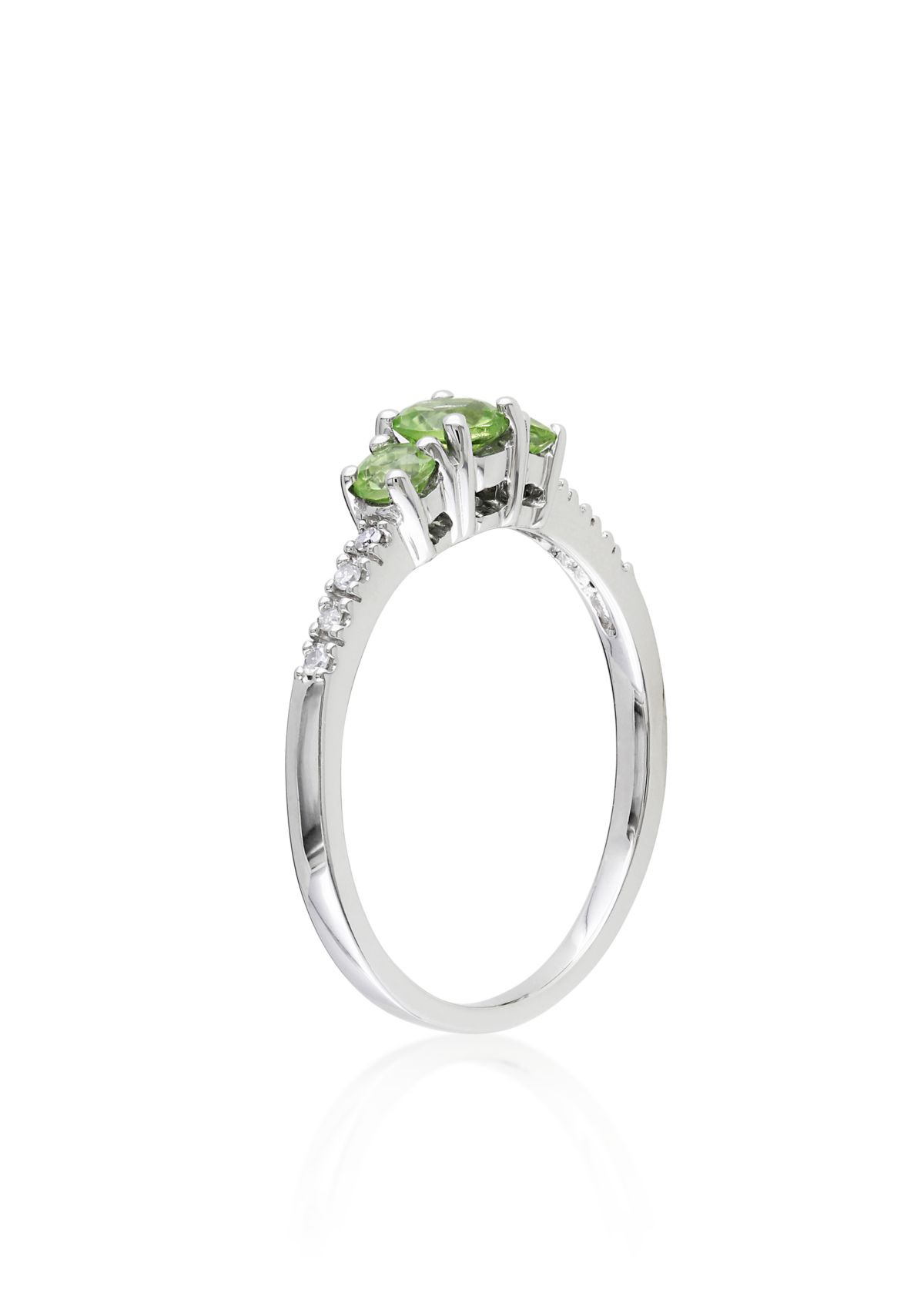 10k White Gold 3 Stone Peridot and Diamond Ring