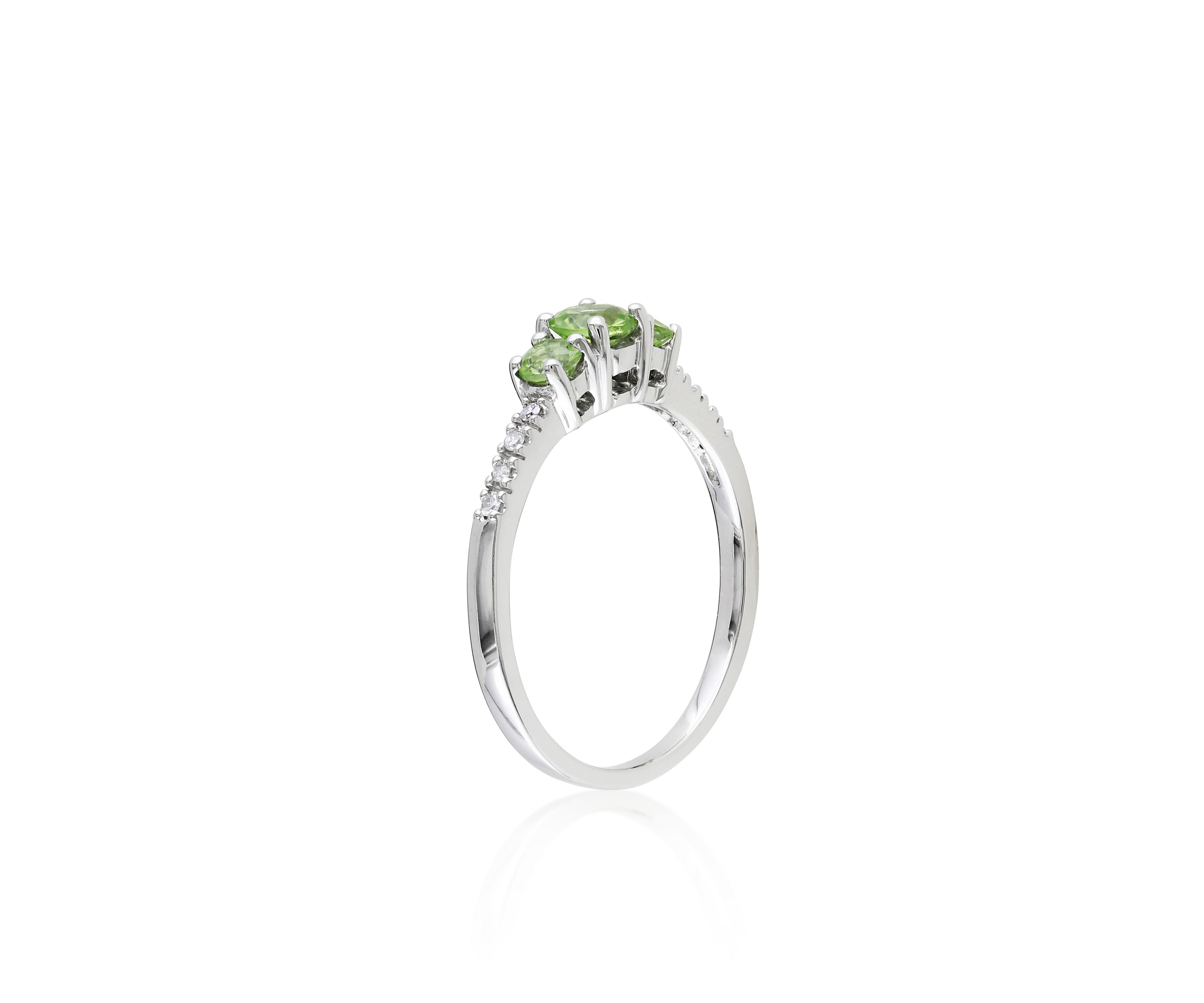 10k White Gold 3 Stone Peridot and Diamond Ring