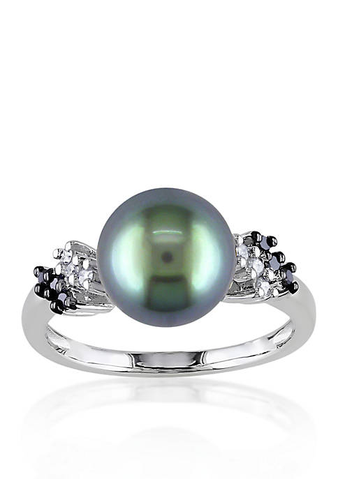10k White Gold Black Tahitian Pearl and Black and White Diamond Ring