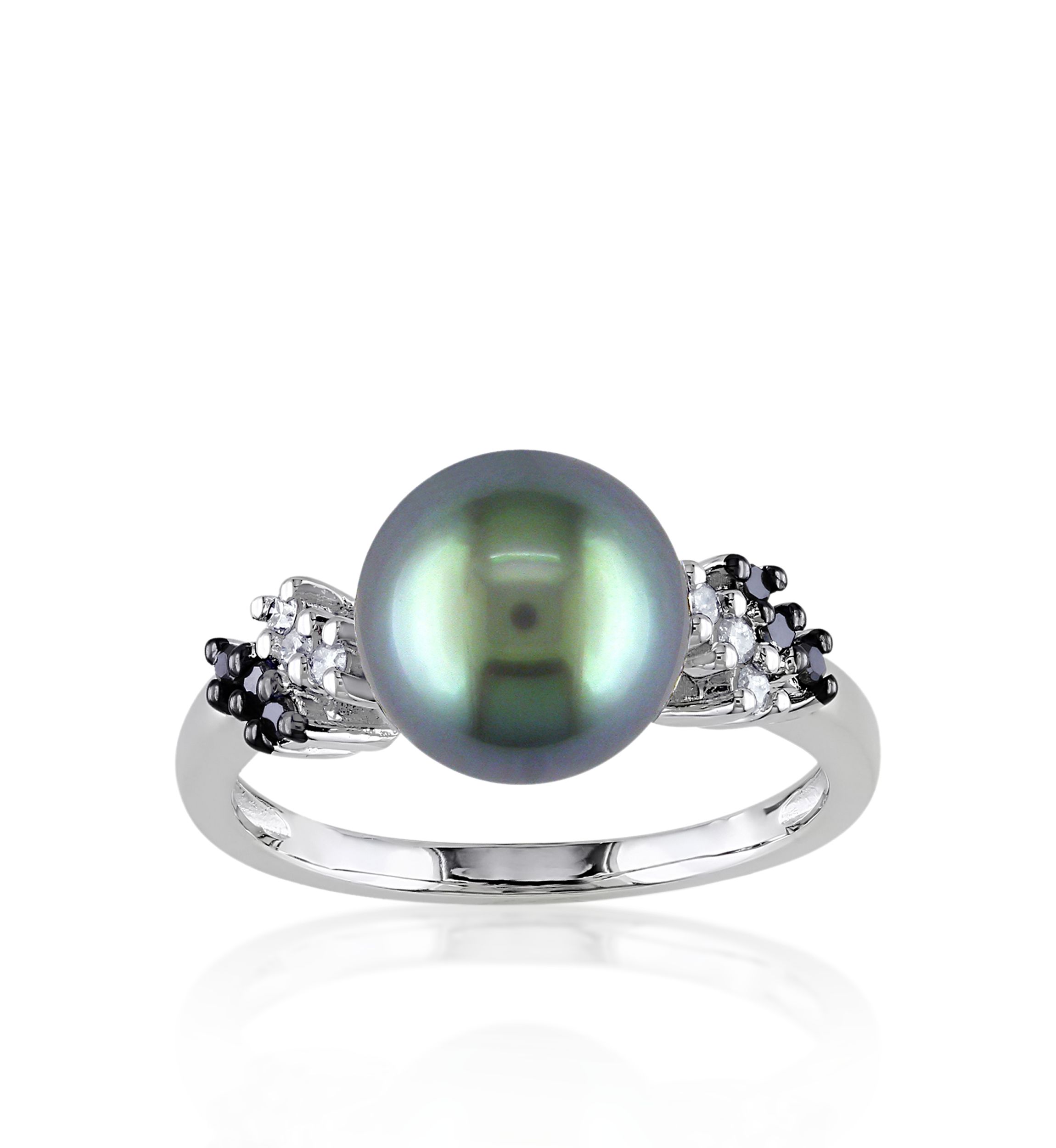 10k White Gold Black Tahitian Pearl and Black and White Diamond Ring