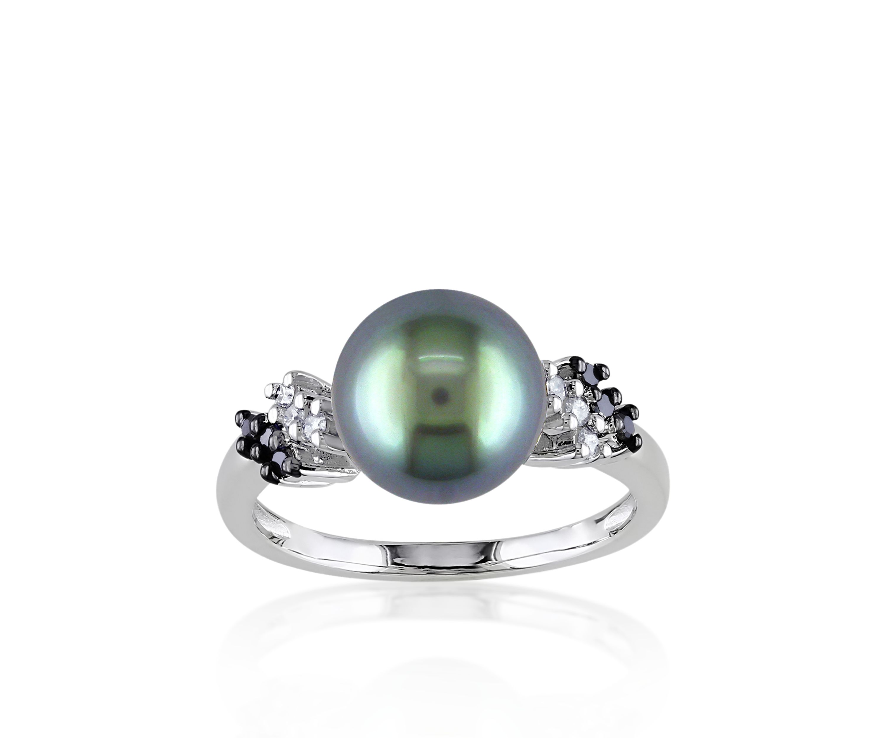 10k White Gold Black Tahitian Pearl and Black and White Diamond Ring