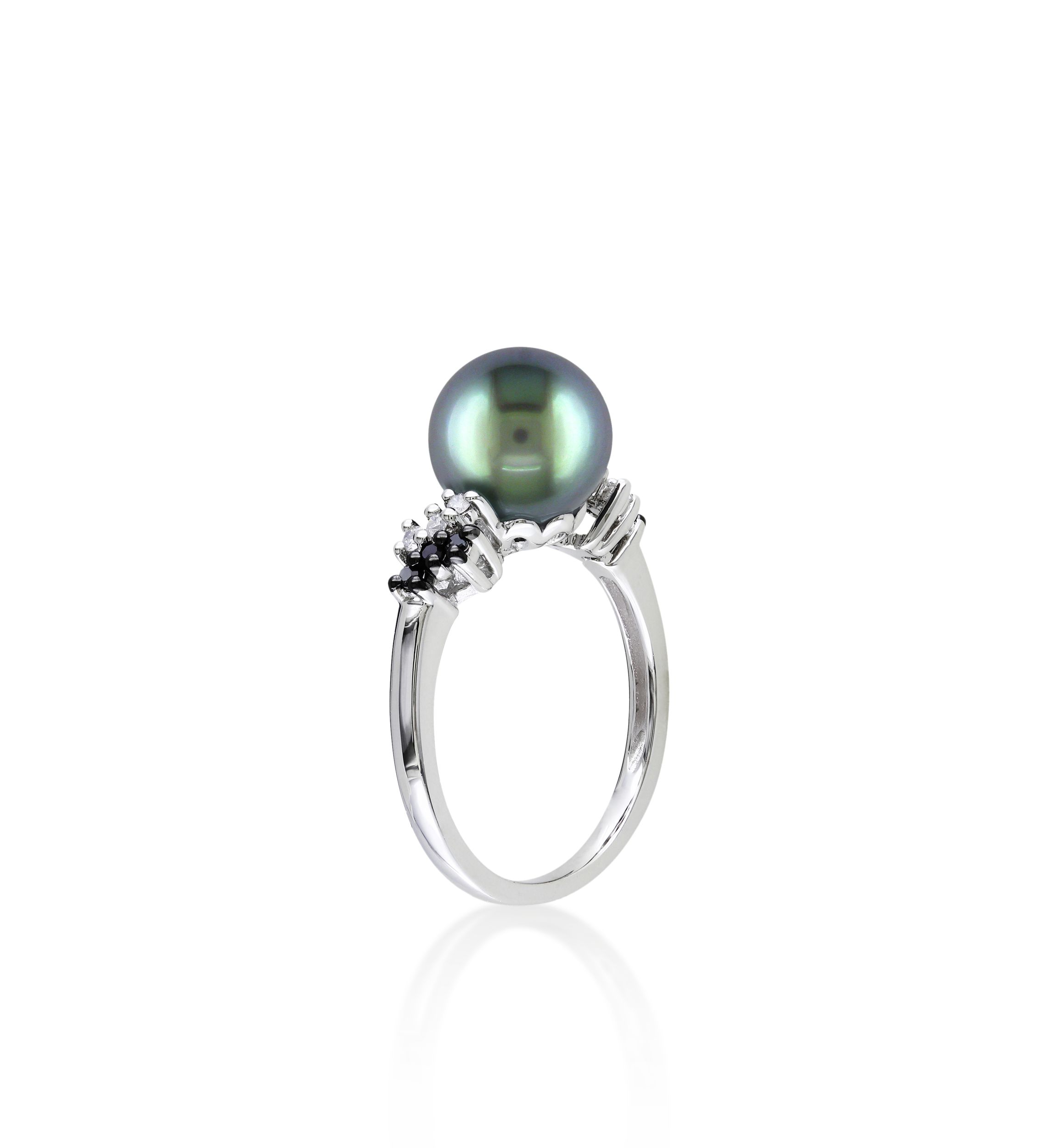 10k White Gold Black Tahitian Pearl and Black and White Diamond Ring