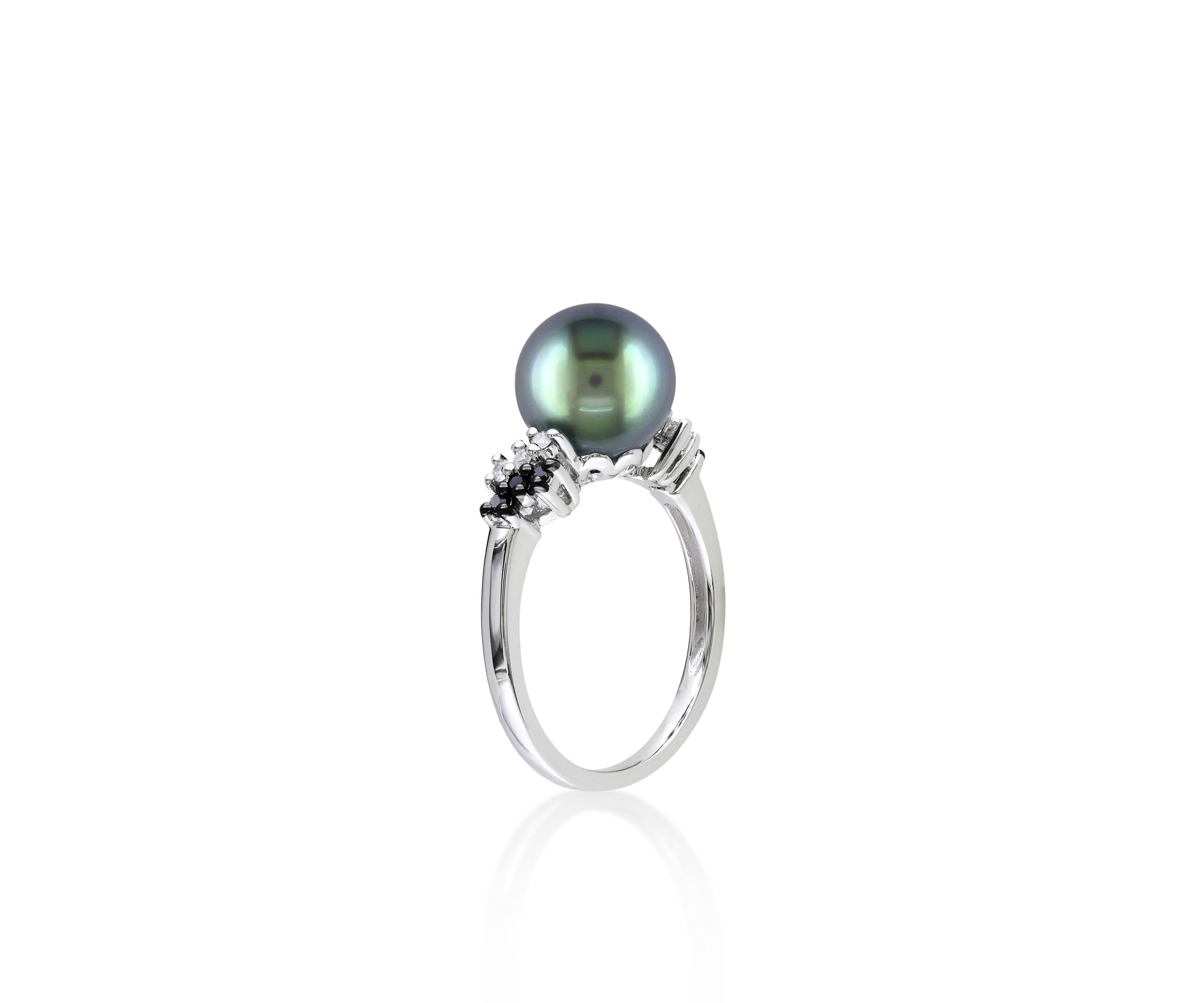 10k White Gold Black Tahitian Pearl and Black and White Diamond Ring