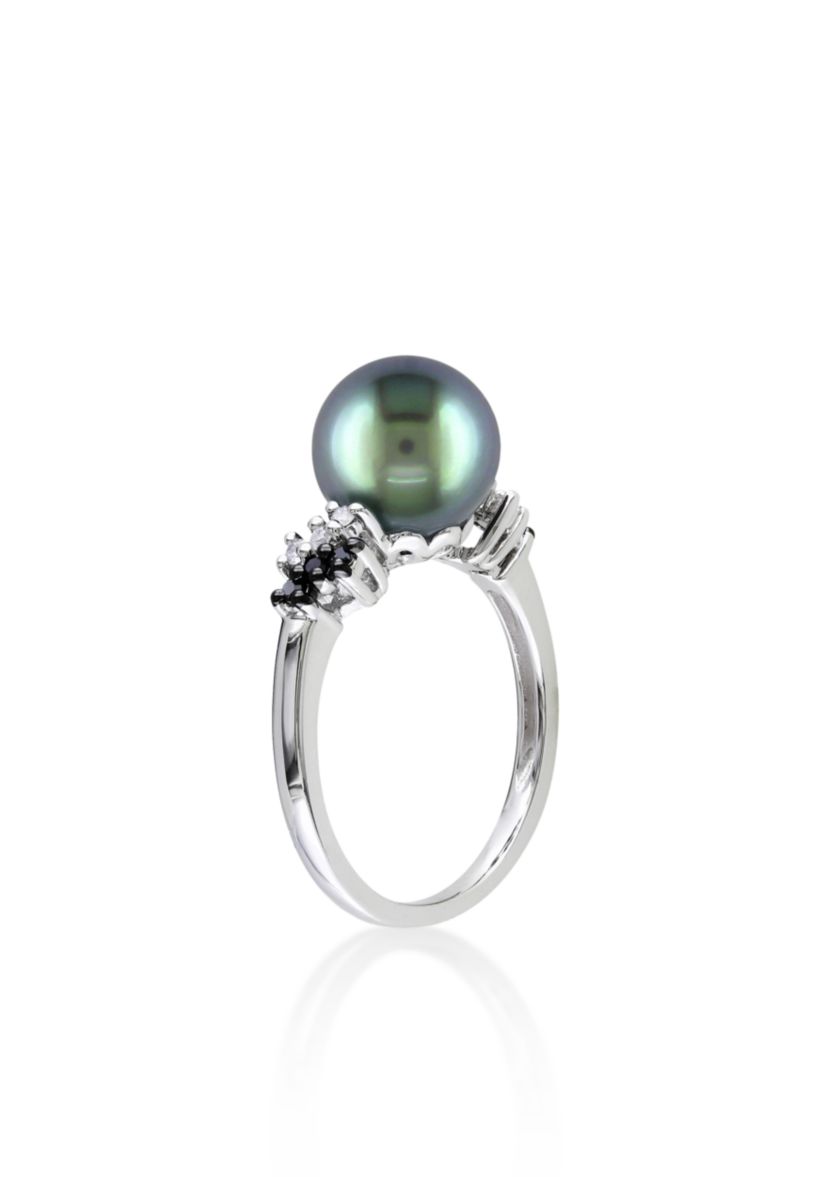 10k White Gold Black Tahitian Pearl and Black and White Diamond Ring