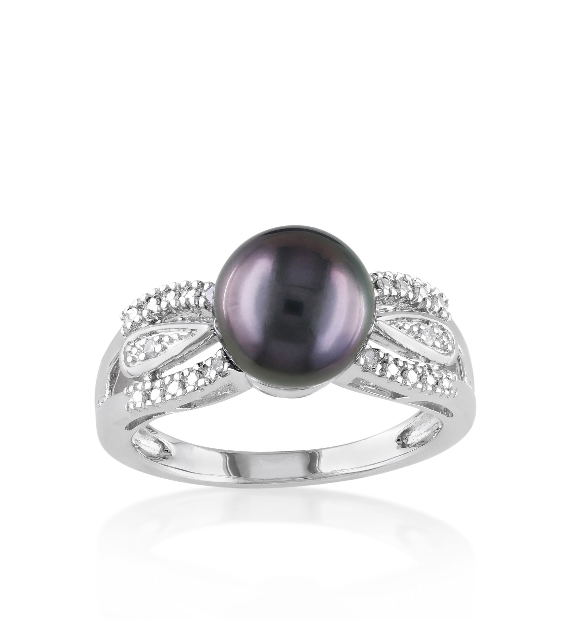 Sterling Silver Black Tahitian Pearl and Diamond Ring