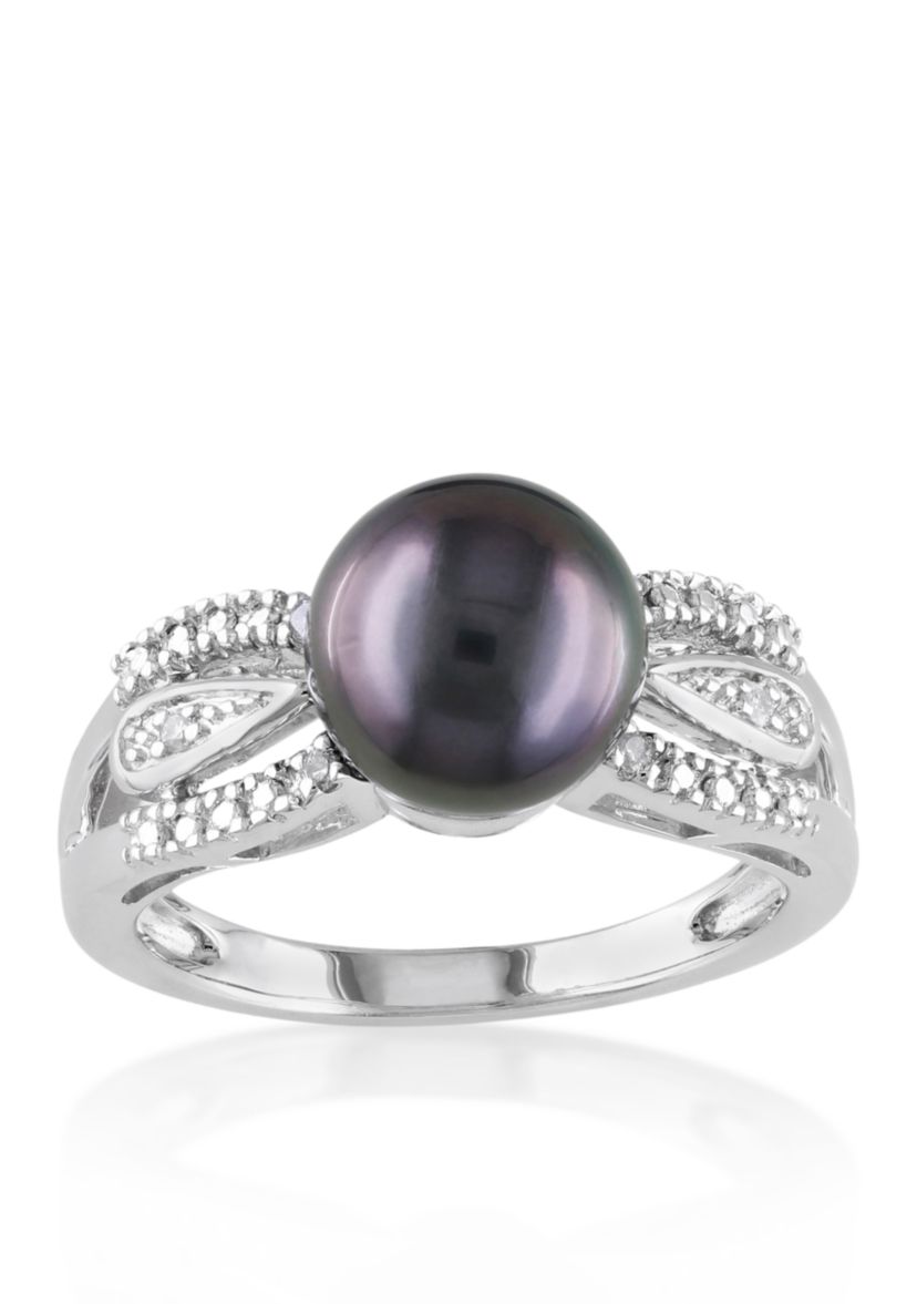 Sterling Silver Black Tahitian Pearl and Diamond Ring