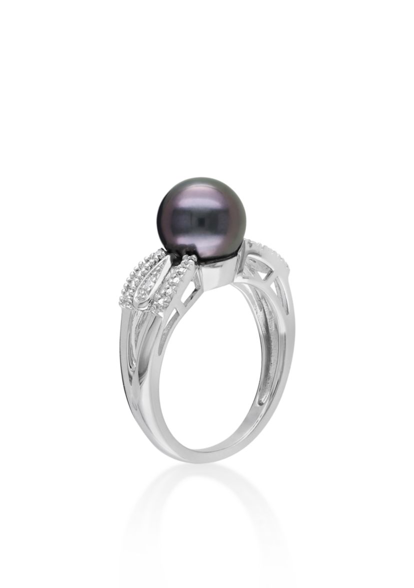 Sterling Silver Black Tahitian Pearl and Diamond Ring