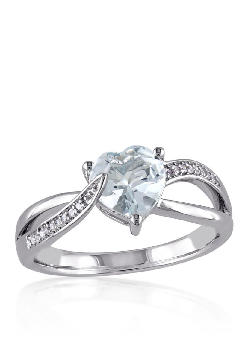 Sterling Silver Aquamarine and Diamond Heart Ring