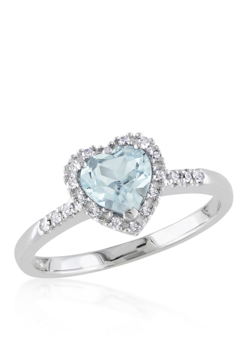 Sterling Silver Aquamarine and Diamond Heart Ring