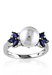 10k White Gold Cultured Freshwater Pearl, Diamond, and Sapphire Ring