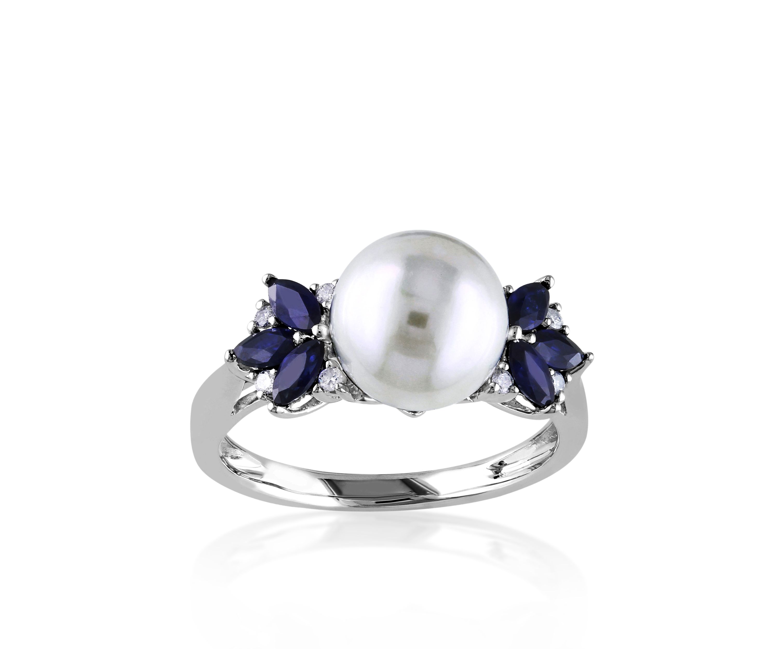 10k White Gold Cultured Freshwater Pearl, Diamond, and Sapphire Ring