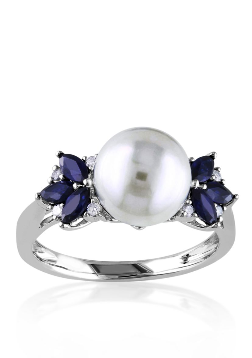 10k White Gold Cultured Freshwater Pearl, Diamond, and Sapphire Ring