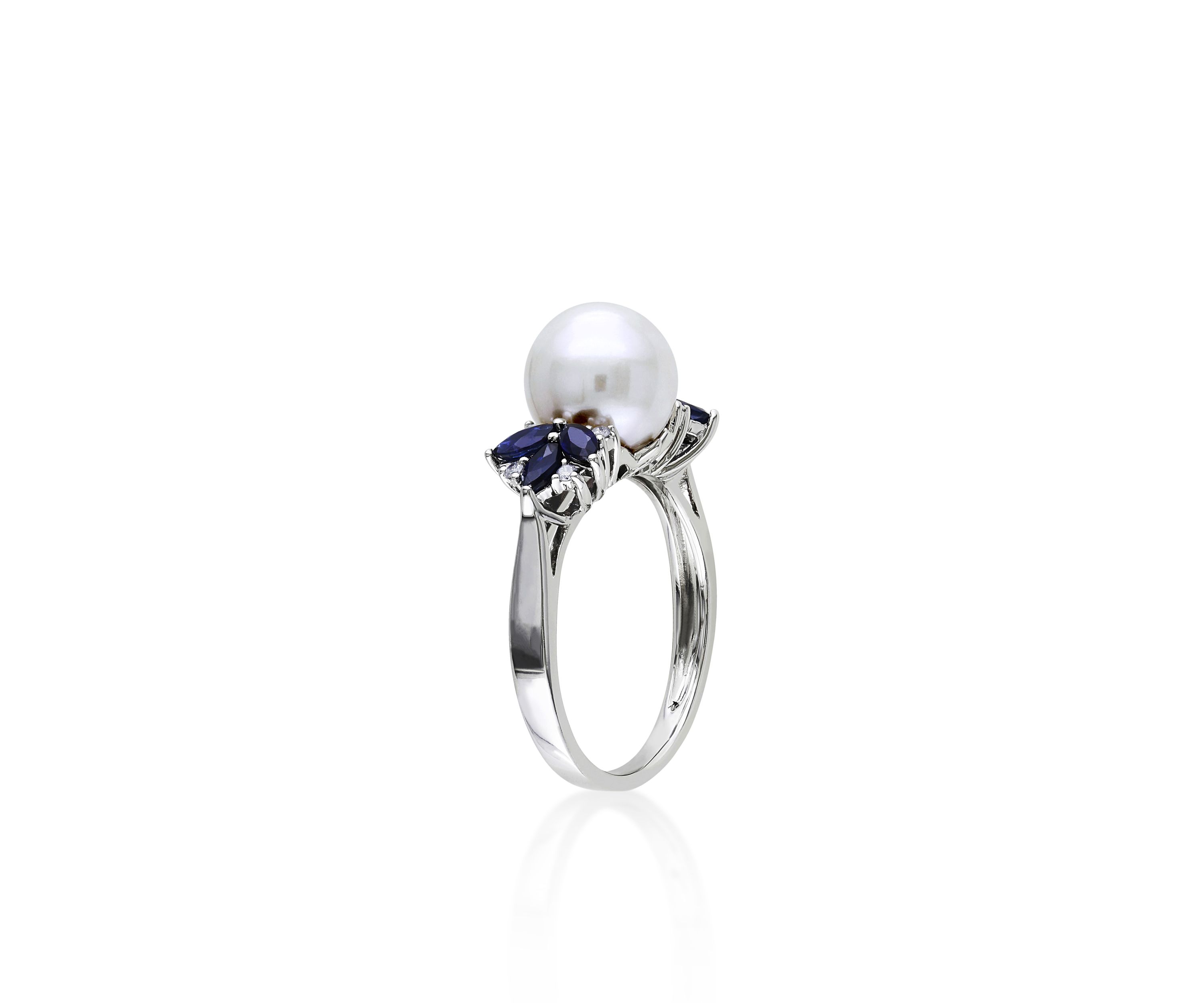 10k White Gold Cultured Freshwater Pearl, Diamond, and Sapphire Ring