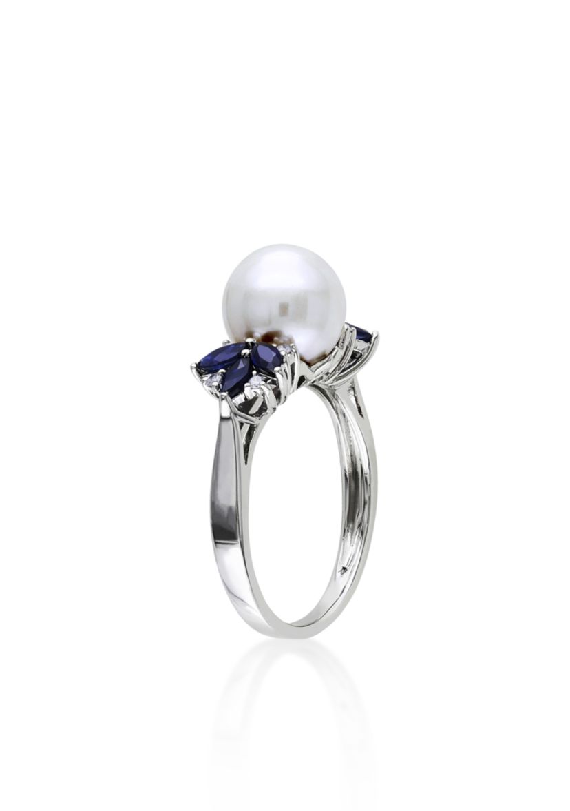 10k White Gold Cultured Freshwater Pearl, Diamond, and Sapphire Ring