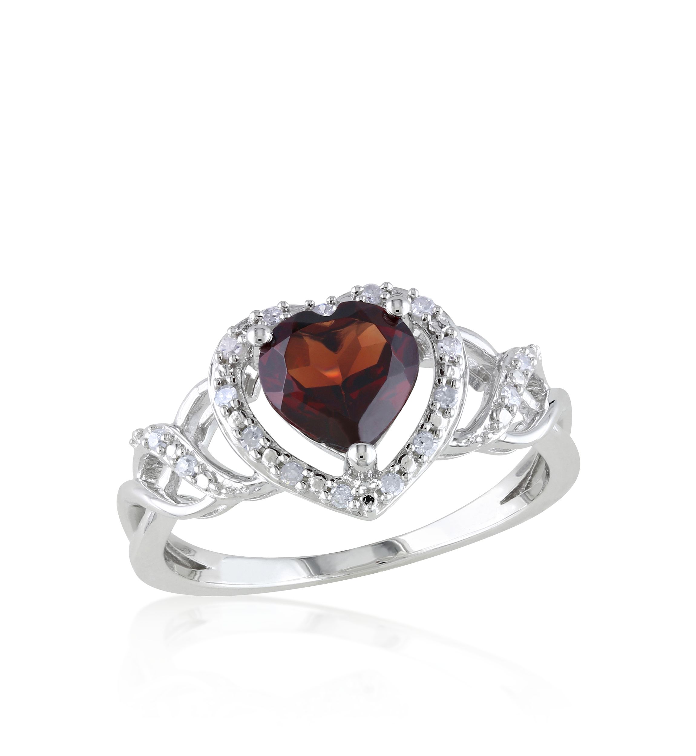 Garnet and Diamond Heart Ring in Sterling Silver