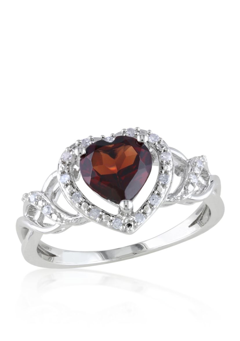 Garnet and Diamond Heart Ring in Sterling Silver