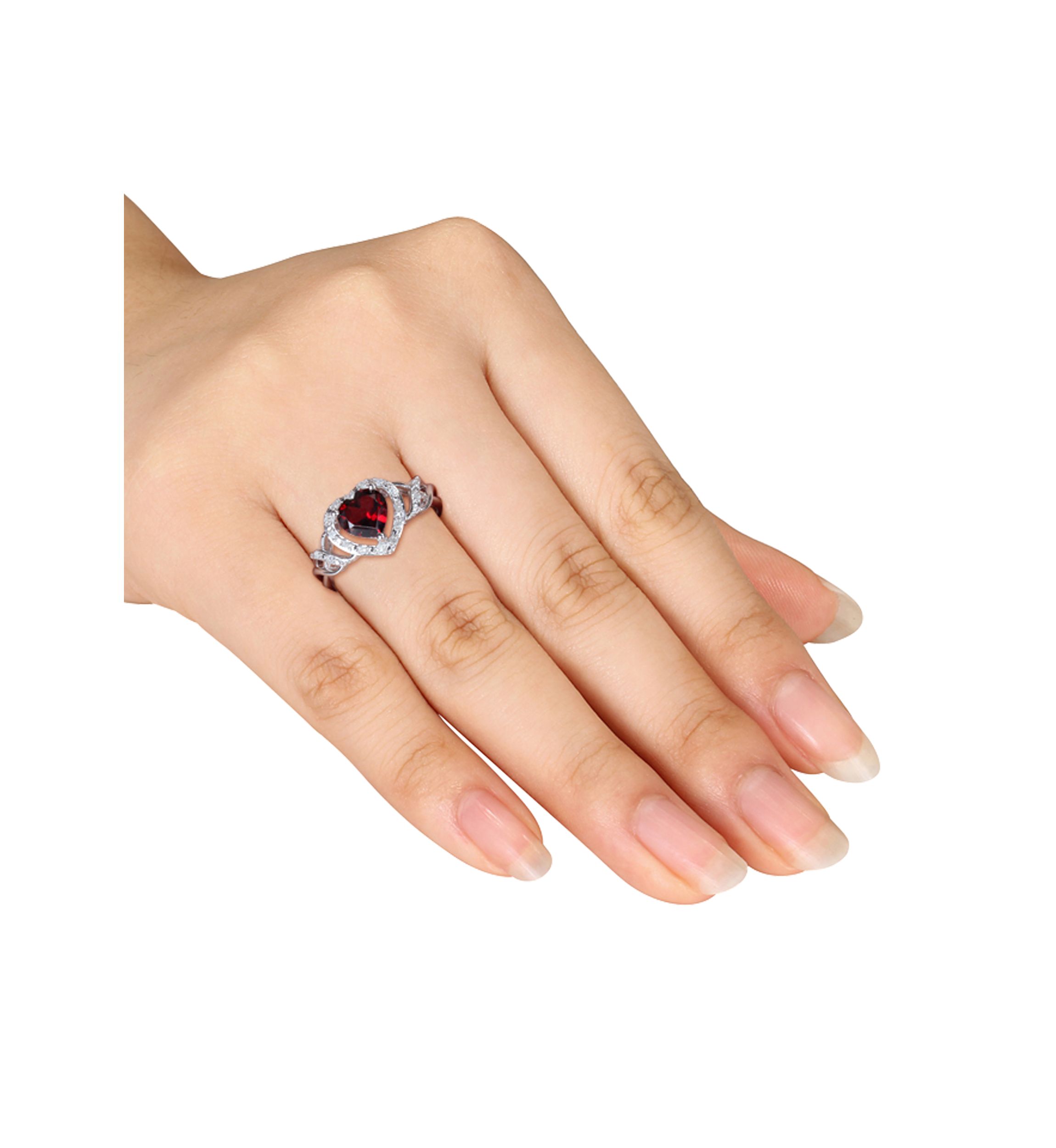 Garnet and Diamond Heart Ring in Sterling Silver