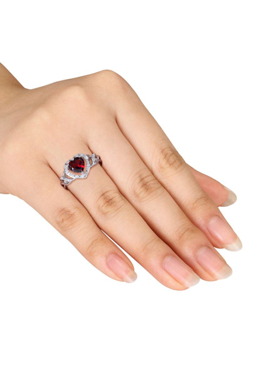 Garnet and Diamond Heart Ring in Sterling Silver