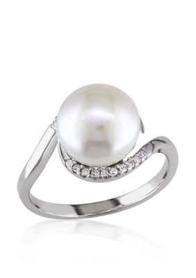 Effy® Freshwater Pearl and 1/10 ct. t.w. Diamond Ring in Sterling ...