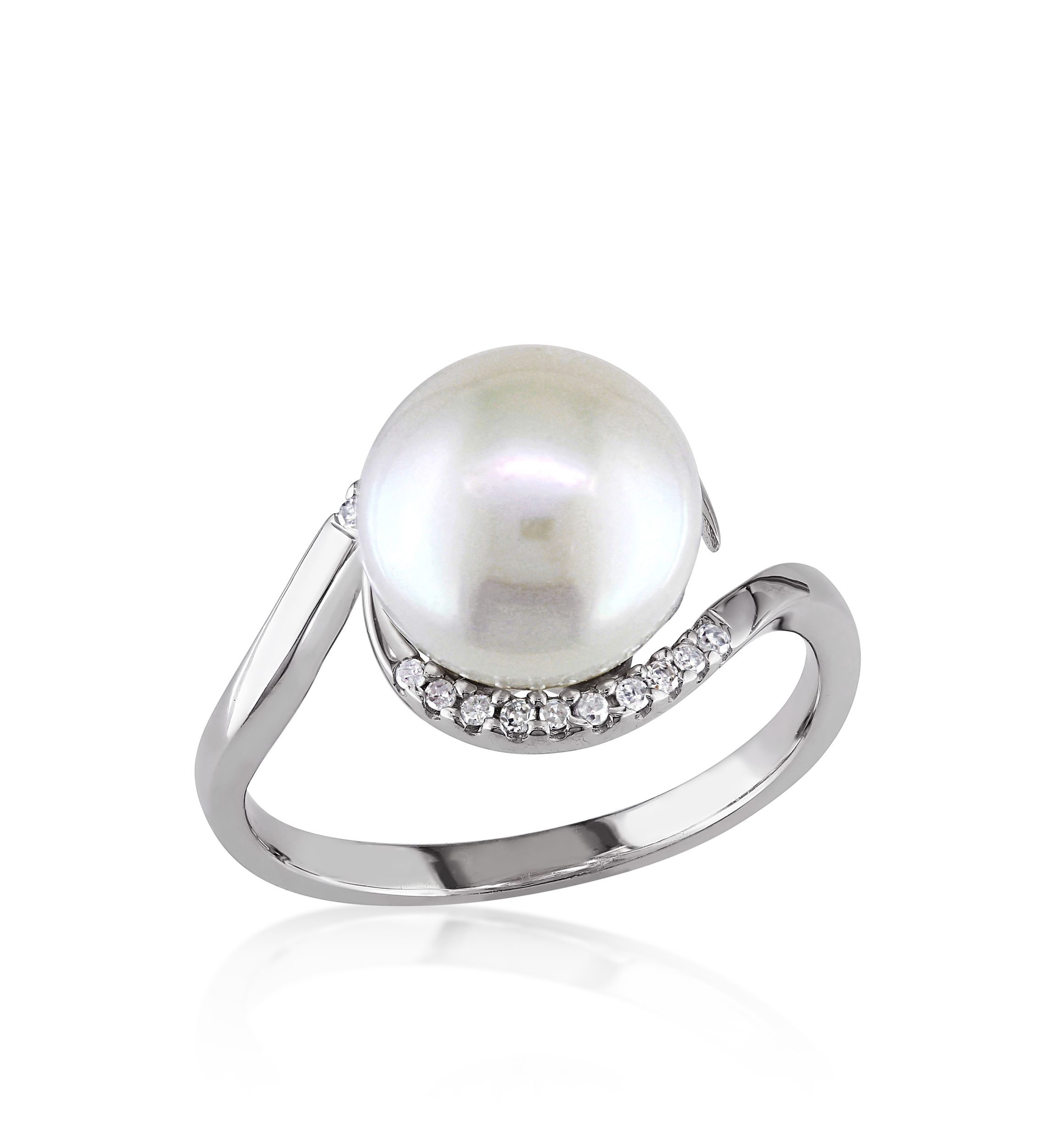Sterling Silver White Cultured Freshwater Pearl and Diamond Ring