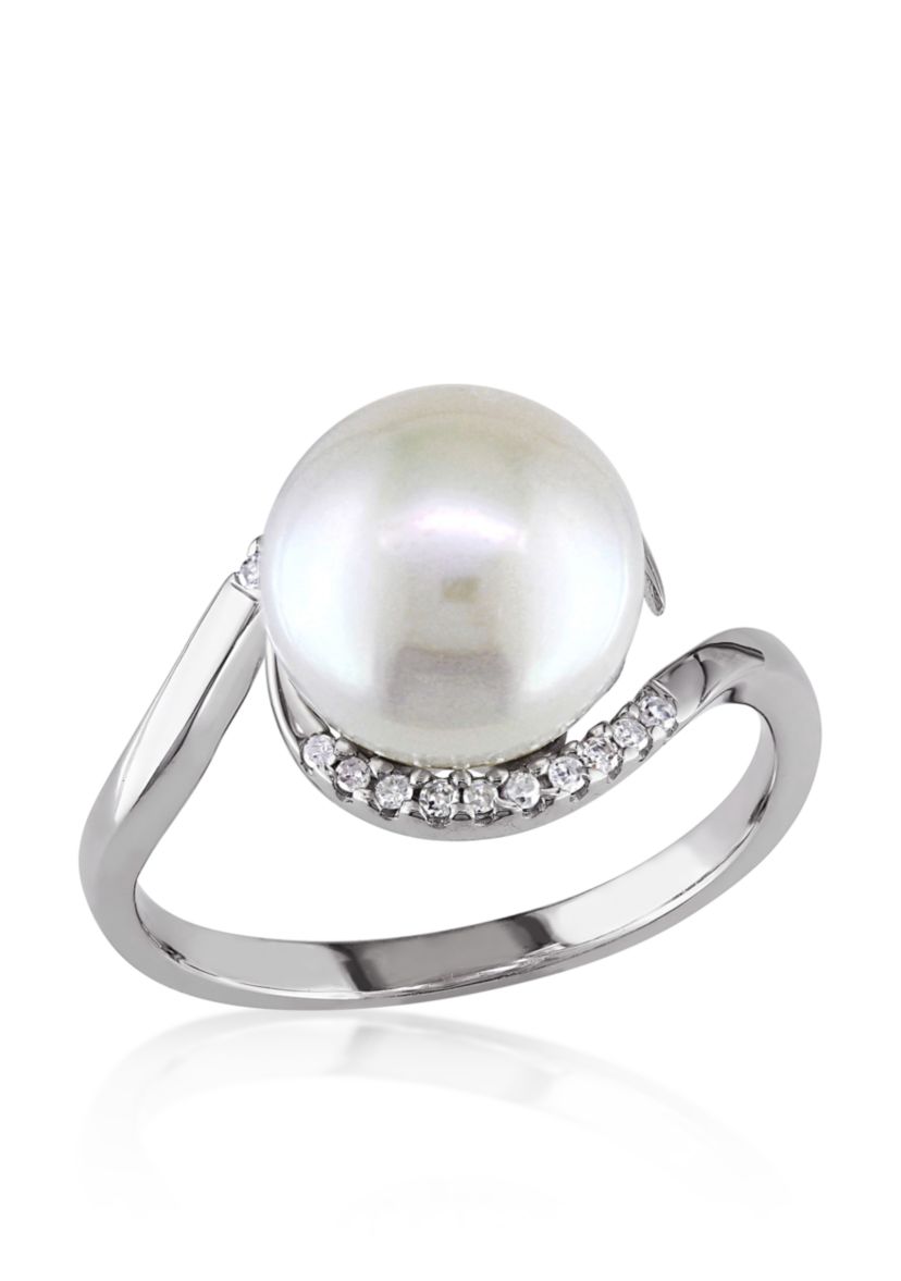 Sterling Silver White Cultured Freshwater Pearl and Diamond Ring