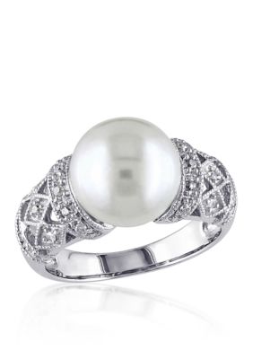 Belk & Co Sterling Silver White Cultured Freshwater Pearl and Diamond Ring, 9