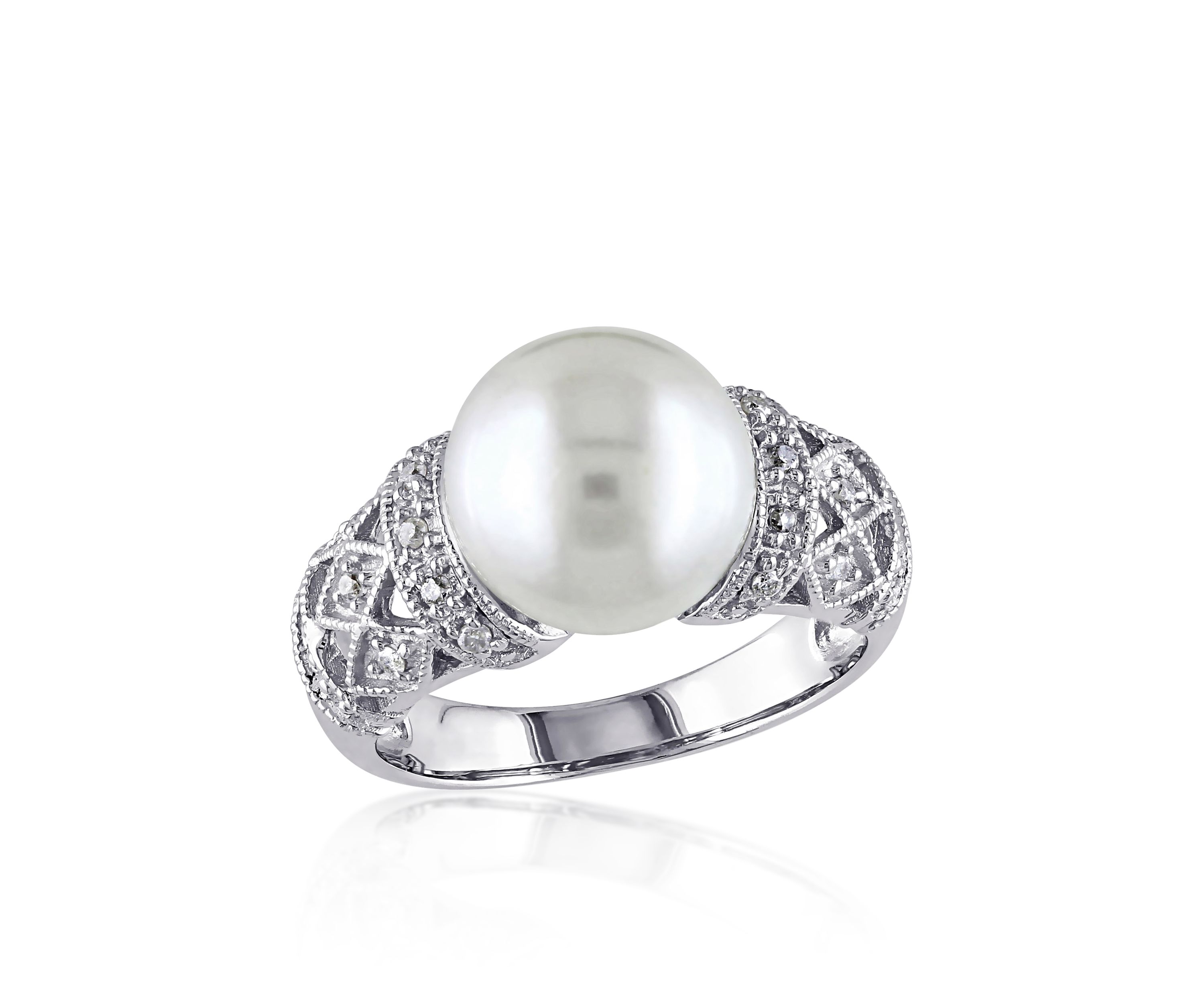 Sterling Silver White Cultured Freshwater Pearl and Diamond Ring
