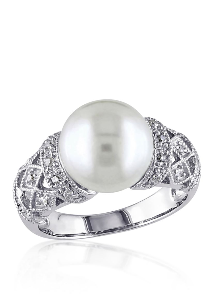 Sterling Silver White Cultured Freshwater Pearl and Diamond Ring