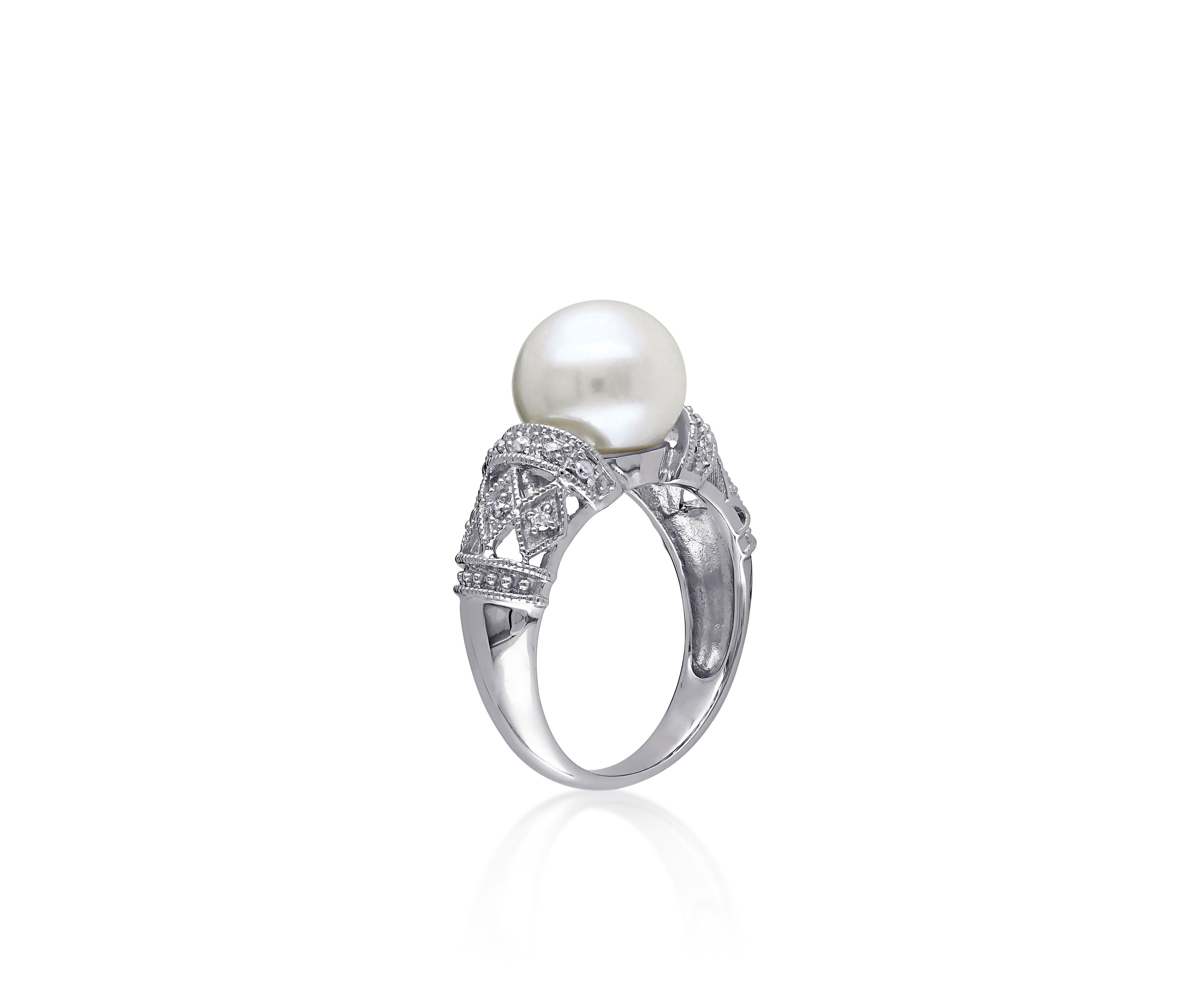 Sterling Silver White Cultured Freshwater Pearl and Diamond Ring