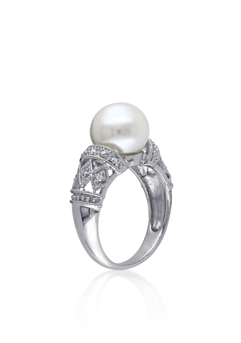 Sterling Silver White Cultured Freshwater Pearl and Diamond Ring