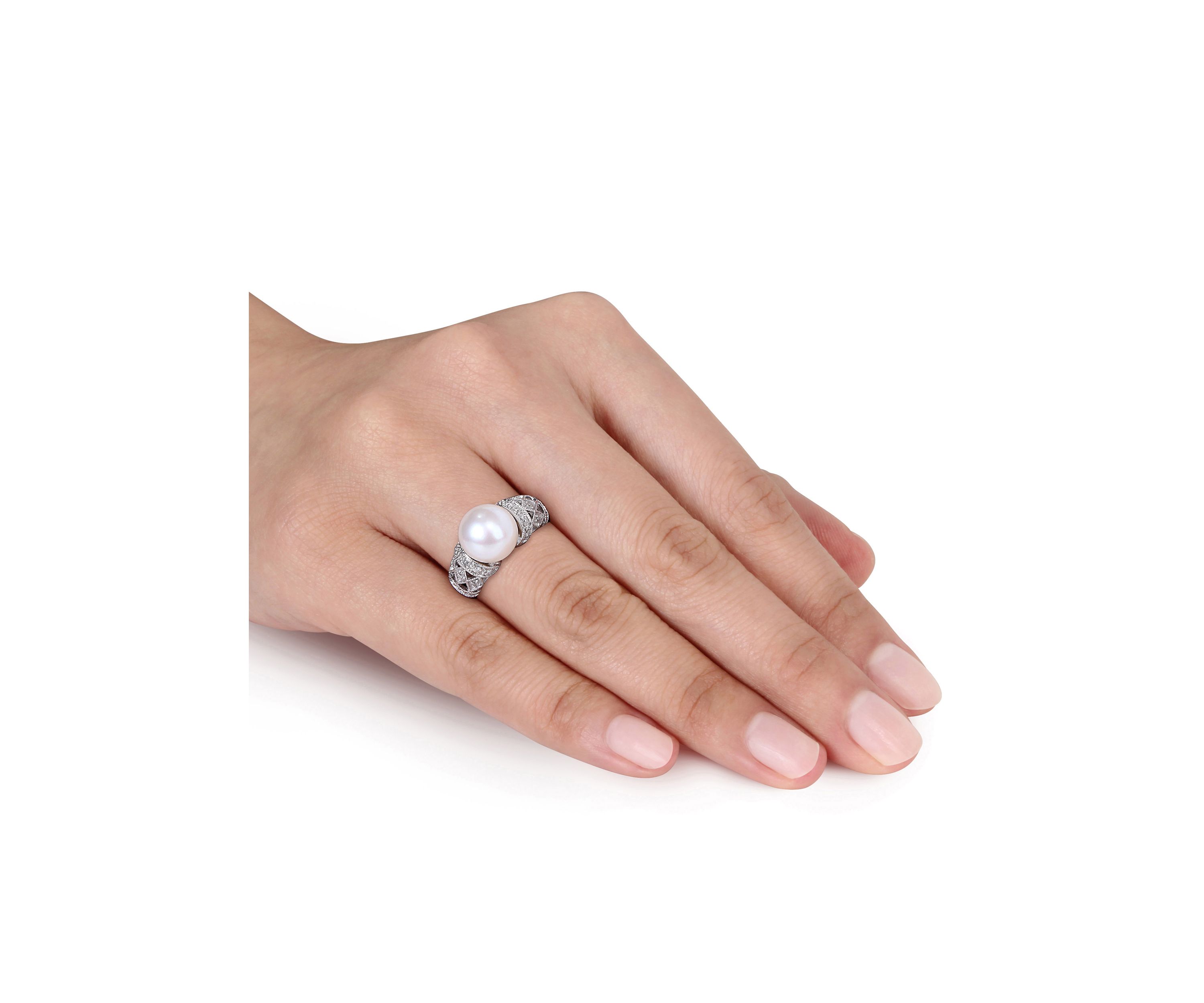 Sterling Silver White Cultured Freshwater Pearl and Diamond Ring