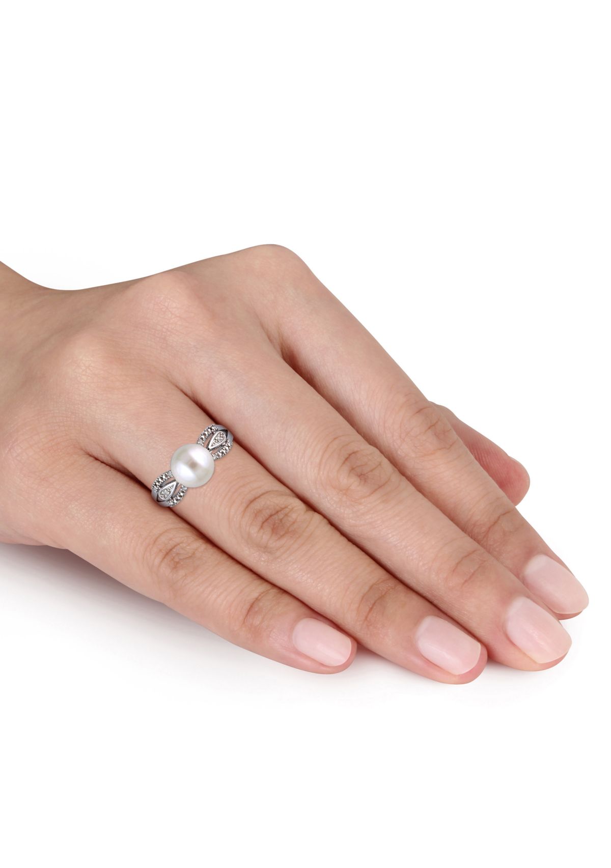 Sterling Silver White Cultured Freshwater Pearl and Diamond Ring