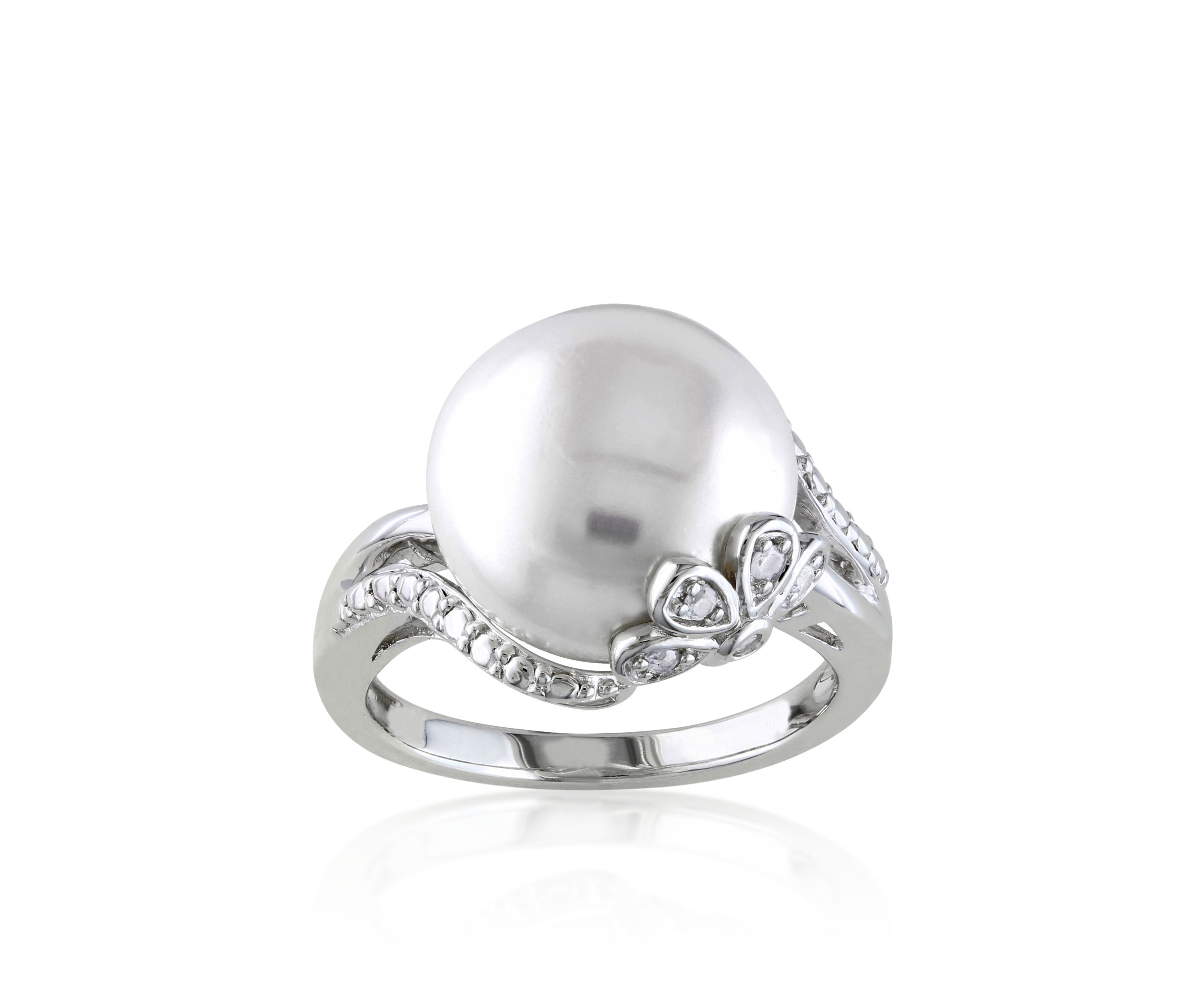 Sterling Silver White Cultured Freshwater Pearl and Diamond Ring