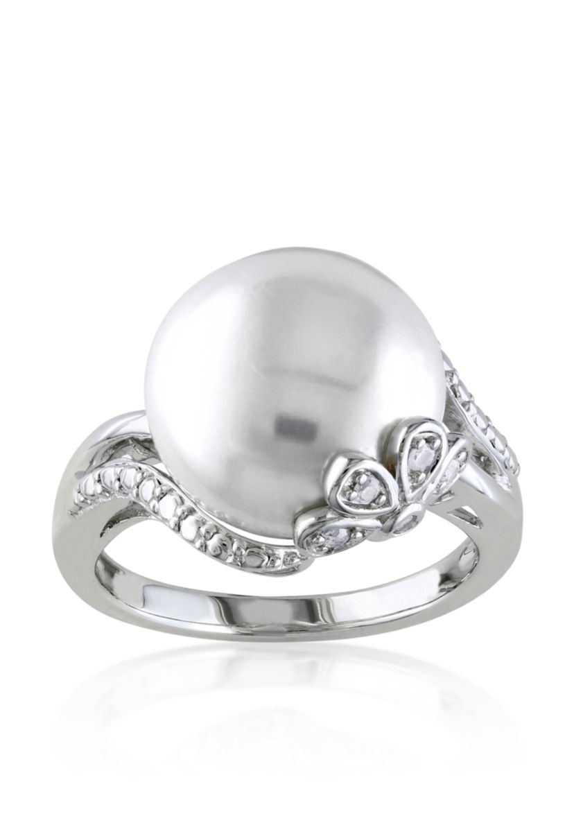 Sterling Silver White Cultured Freshwater Pearl and Diamond Ring