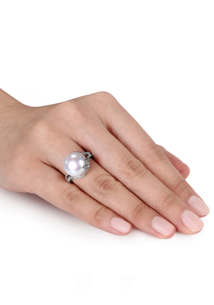 Sterling Silver White Cultured Freshwater Pearl and Diamond Ring
