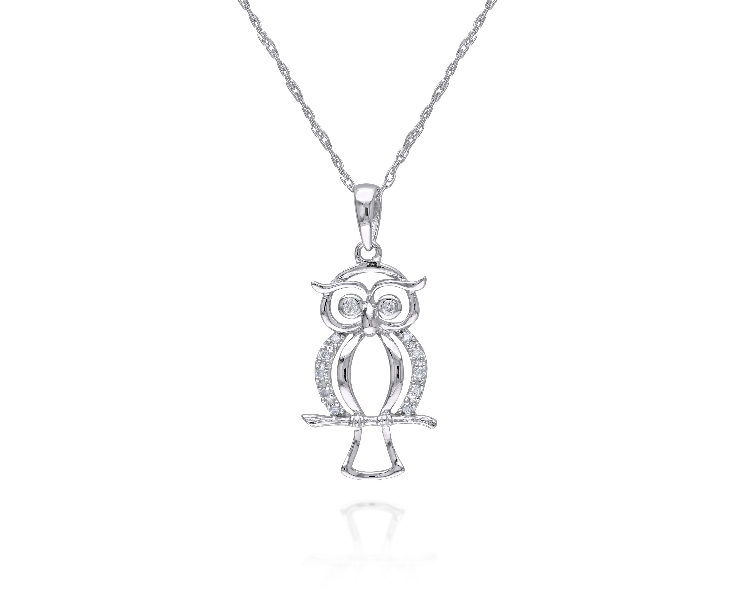 Diamond Owl Pendant in 10K White Gold