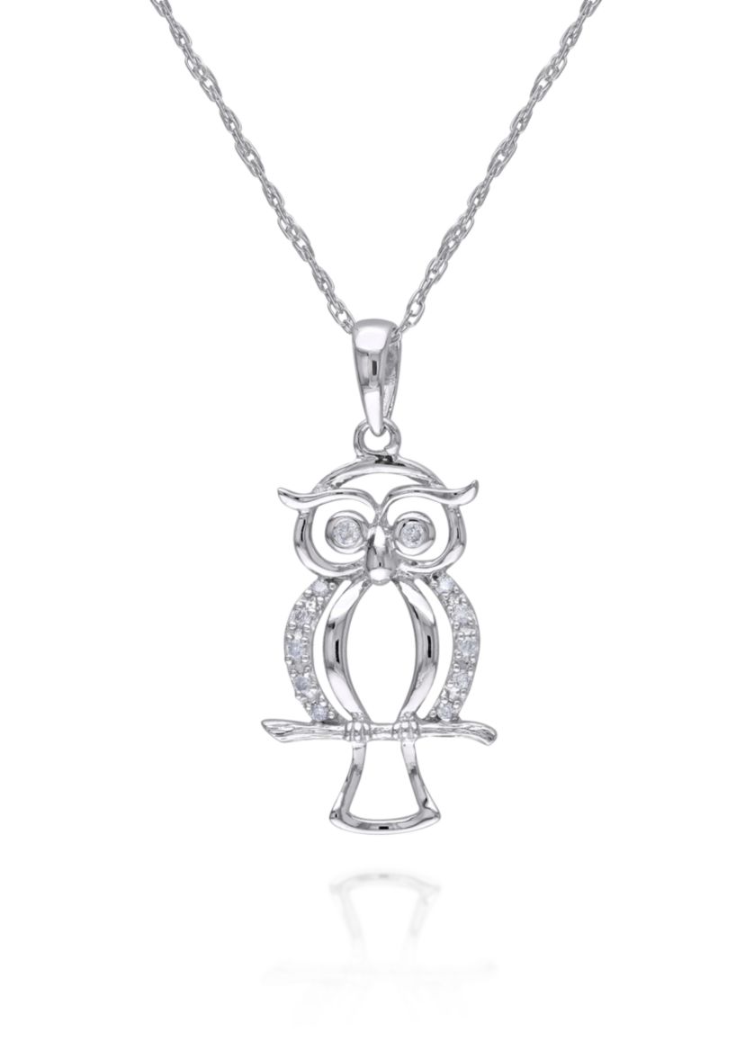 Diamond Owl Pendant in 10K White Gold