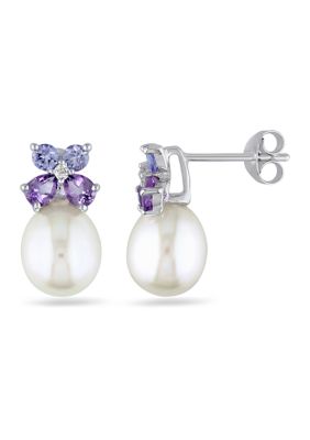 Belk & Co Cultured Freshwater Pearl, Tanzanite, Amethyst and Diamond Stud Earrings in Sterling Silver, White