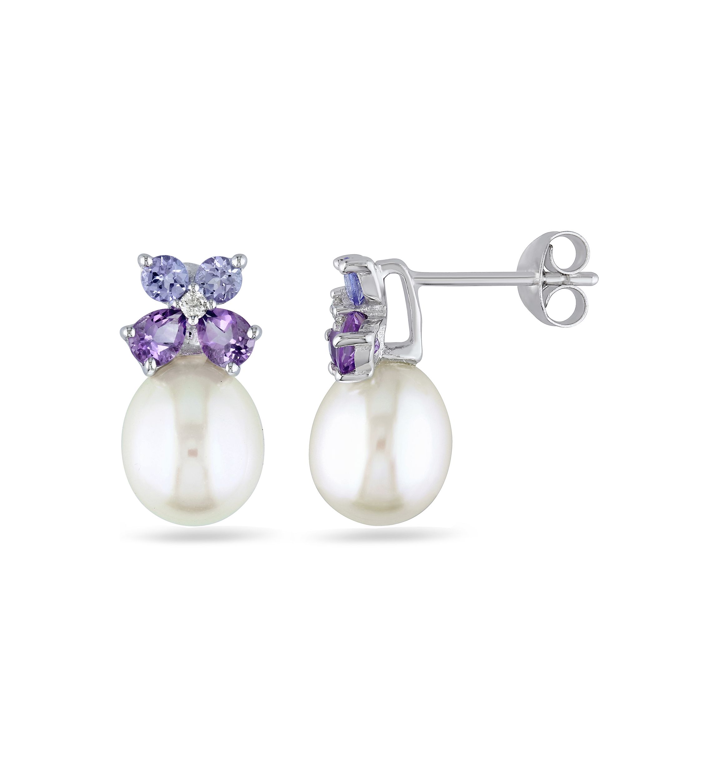 Cultured Freshwater Pearl, Tanzanite, Amethyst and Diamond Stud Earrings in Sterling Silver