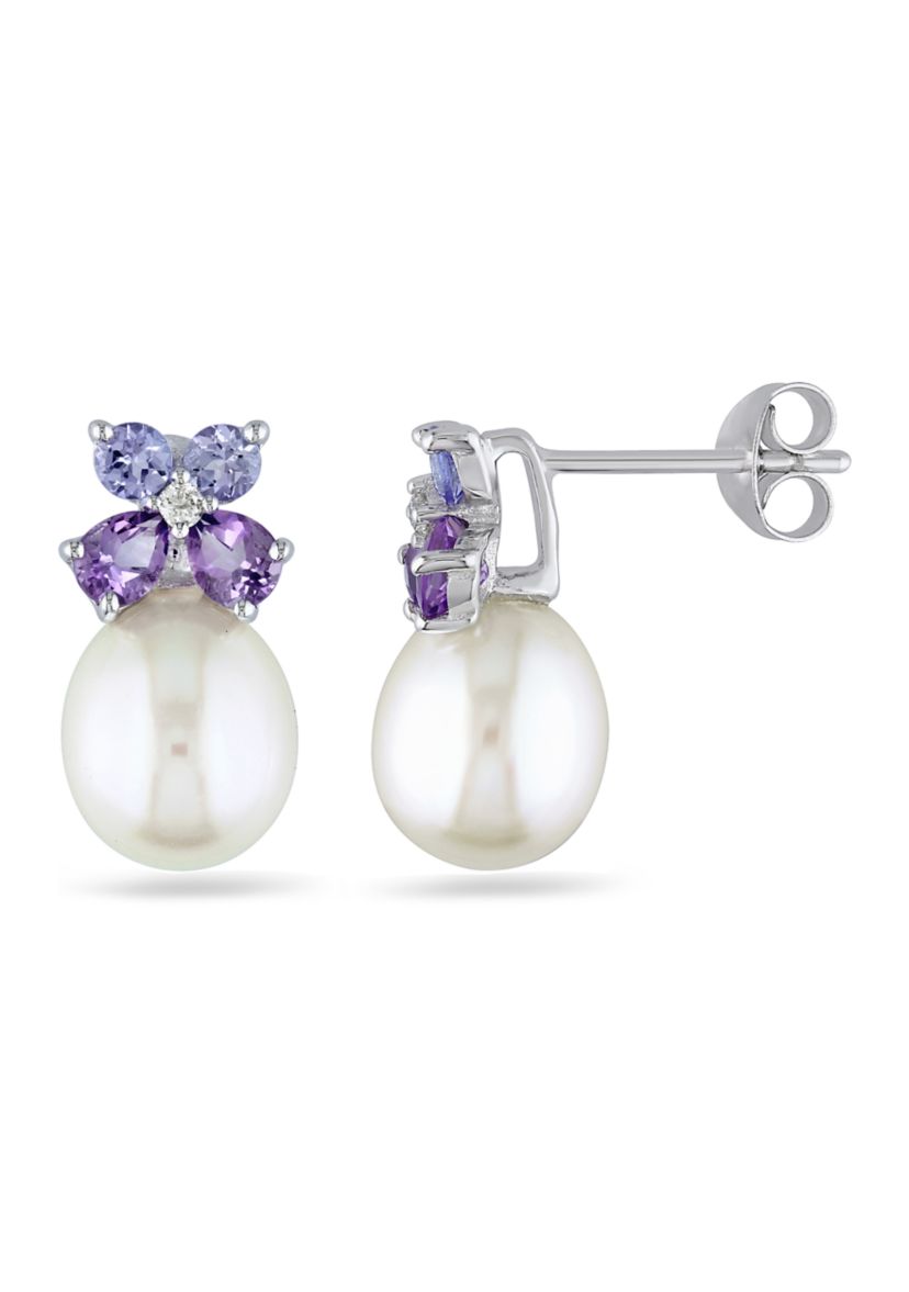 Cultured Freshwater Pearl, Tanzanite, Amethyst and Diamond Stud Earrings in Sterling Silver