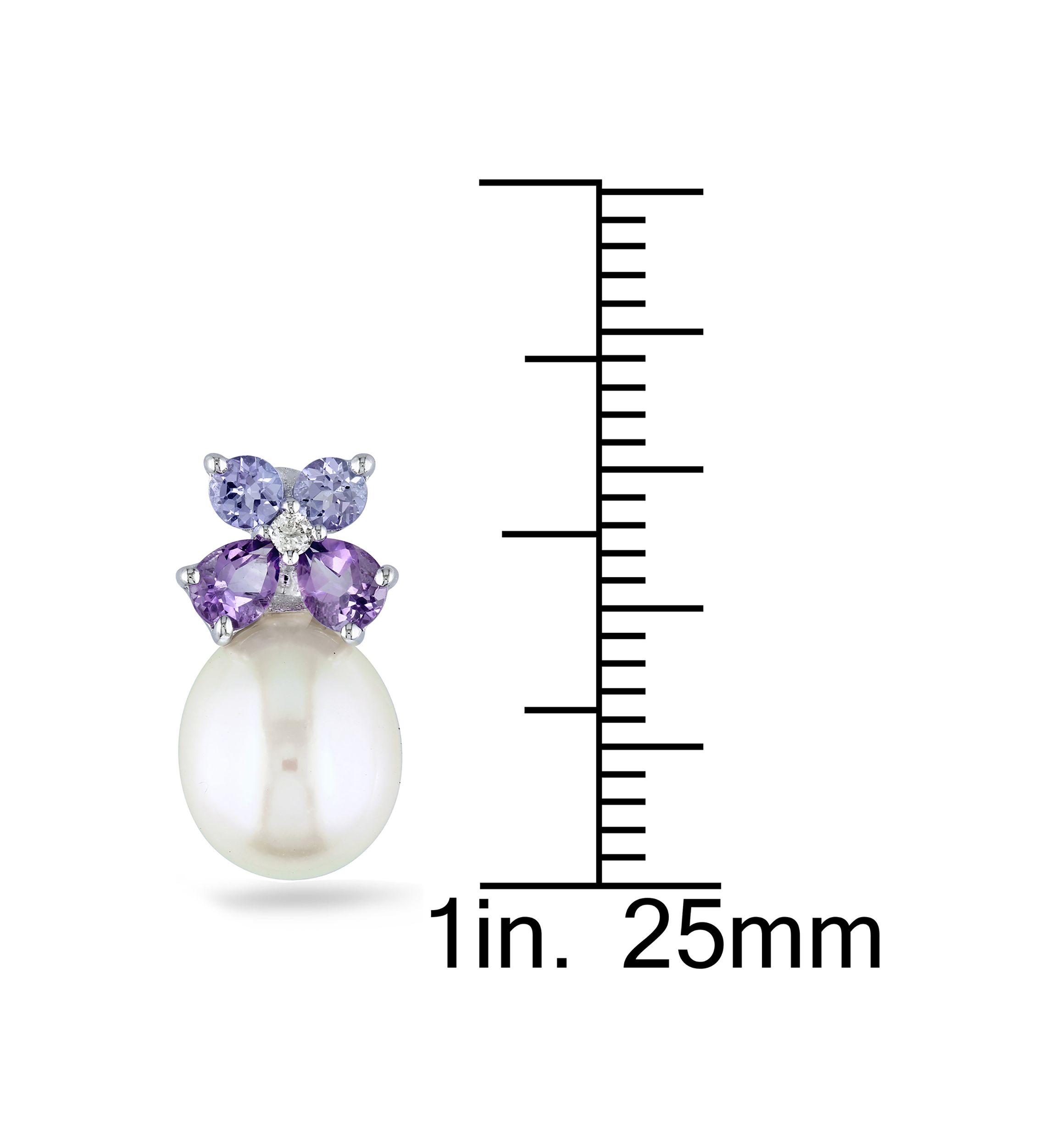 Cultured Freshwater Pearl, Tanzanite, Amethyst and Diamond Stud Earrings in Sterling Silver